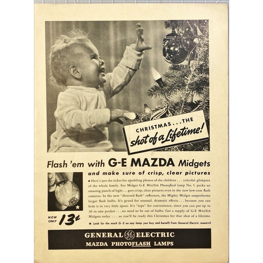 General Electric Mazda Midgets Photoflash Lamp "Baby X-Mass Tree" Print Ad 1941